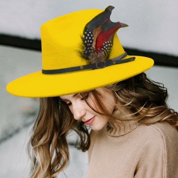 Accessories - Yellow Feather Accented Felt Rancher Panama Hat